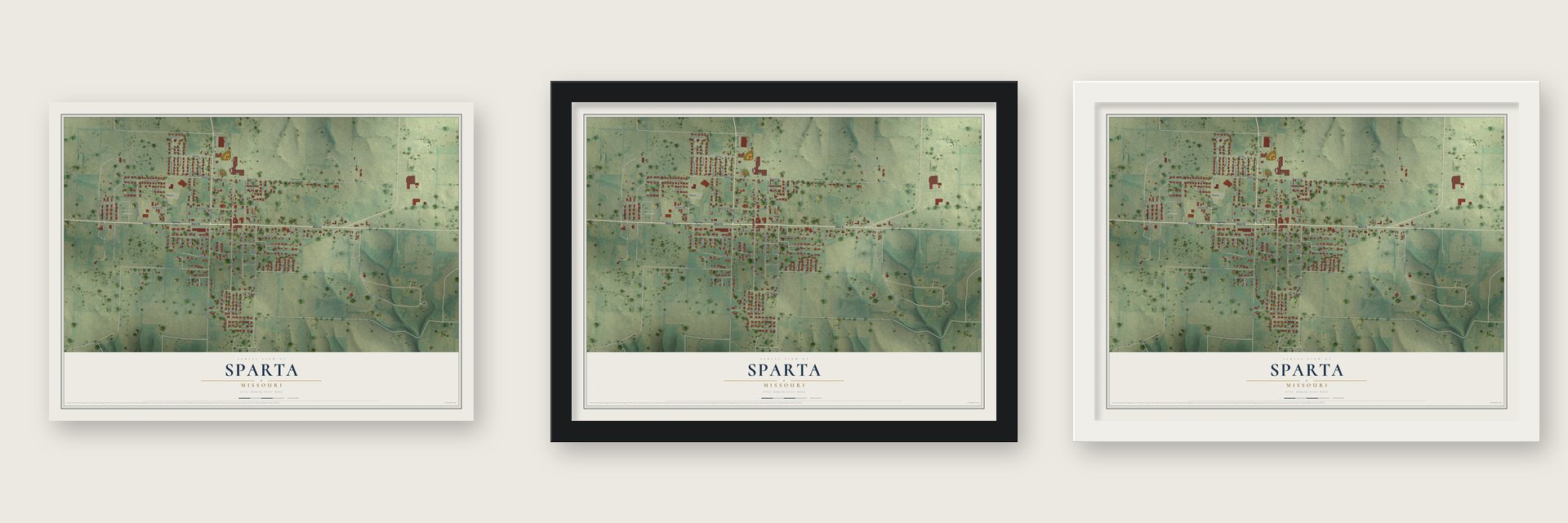 Sparta, Missouri map unframed, in a black wood frame and in a white wood frame