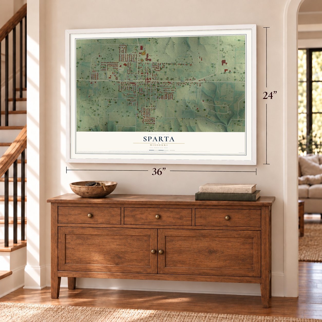Sparta, Missouri map, 24 x 36 inch print in a white frame above a dresser by a staircase