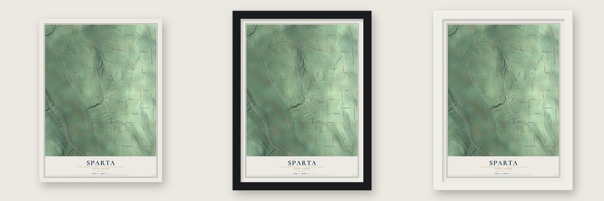 Sparta, New York map unframed, in a black wood frame and in a white wood frame