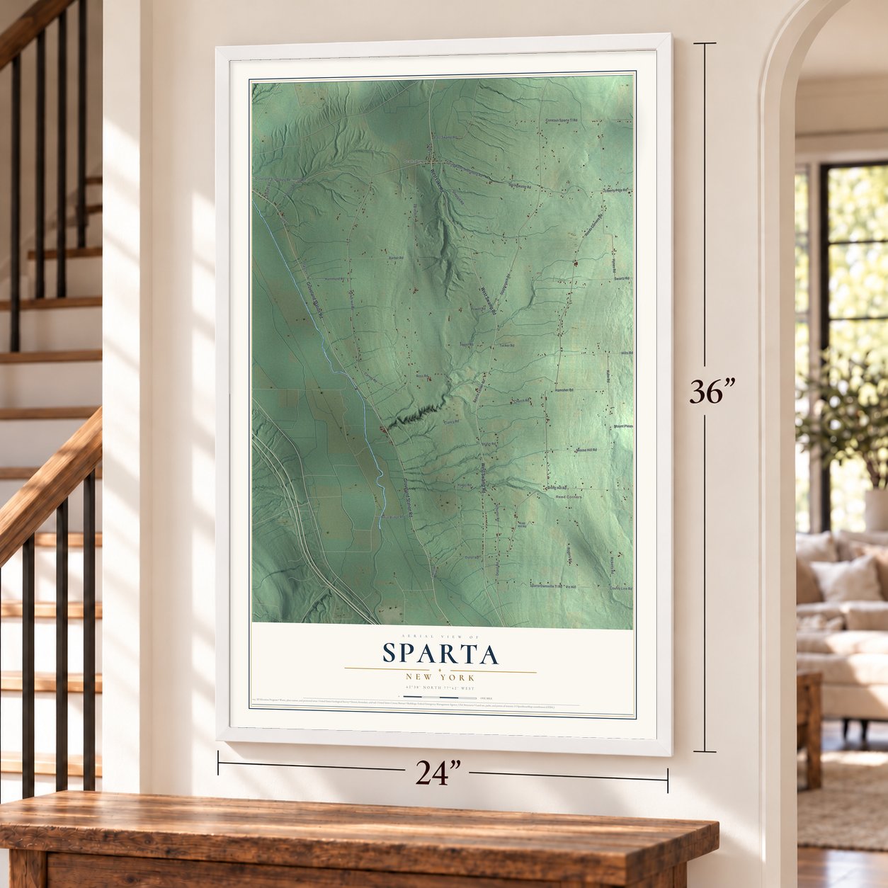 Sparta, New York map, 24 x 36 inch print in a white frame by a staircase