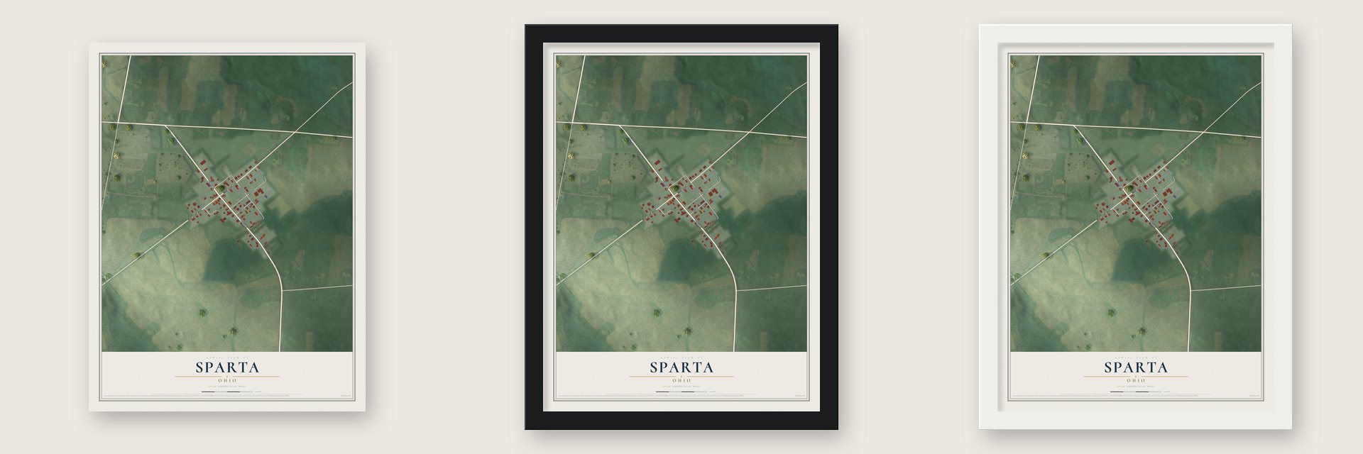 Sparta, Ohio map unframed, in a black wood frame and in a white wood frame