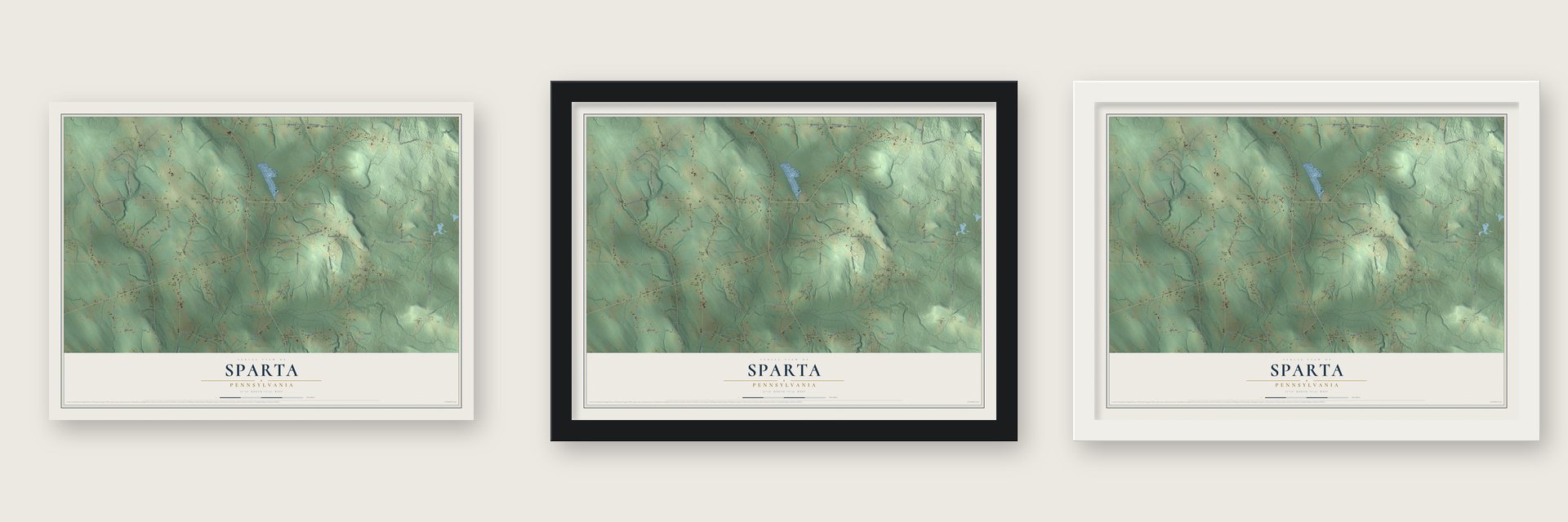 Sparta, Pennsylvania map unframed, in a black wood frame and in a white wood frame