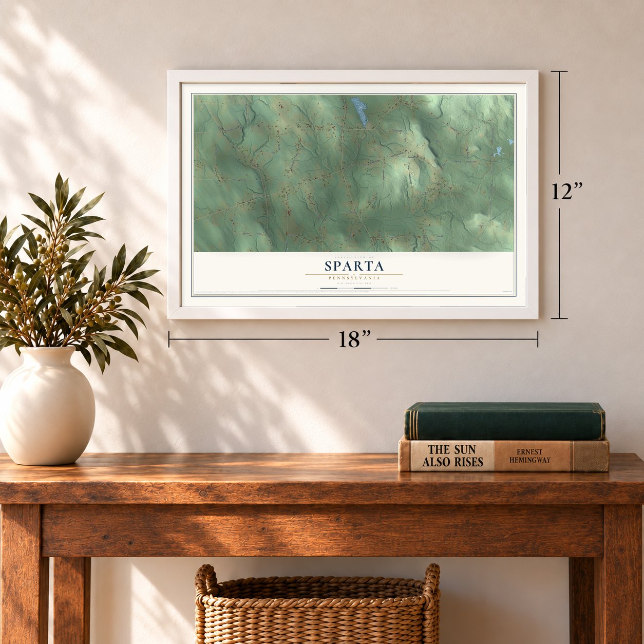 Sparta, Pennsylvania map, 12 x 18 inch print in a white frame in an entryway