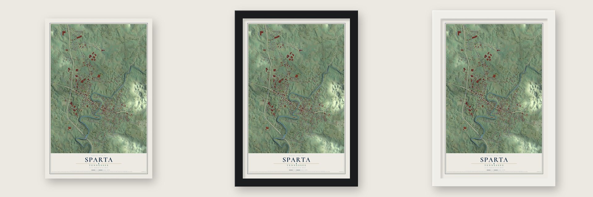 Sparta, Tennessee map unframed, in a black wood frame and in a white wood frame