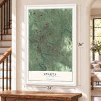 Sparta, Tennessee map, 24 x 36 inch print in a white frame by a staircase