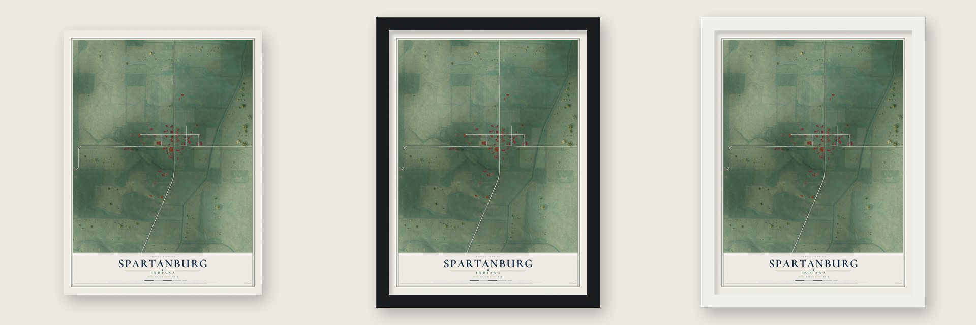 Spartanburg, Indiana map unframed, in a black wood frame and in a white wood frame