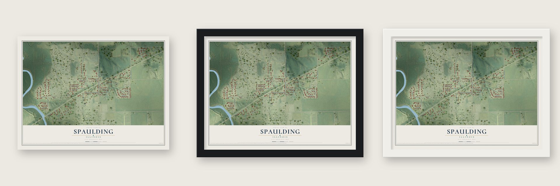 Spaulding, Illinois map unframed, in a black wood frame and in a white wood frame