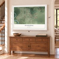 Spaulding, Illinois map, 24 x 36 inch print in a white frame above a dresser by a staircase