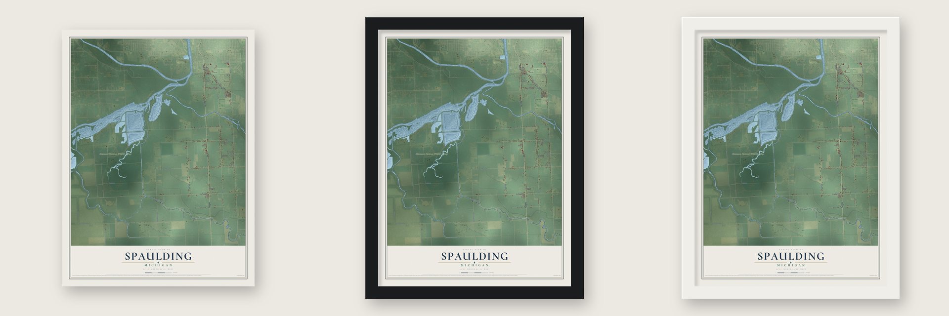Spaulding, Michigan map unframed, in a black wood frame and in a white wood frame