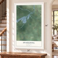 Spaulding, Michigan map, 24 x 36 inch print in a white frame by a staircase