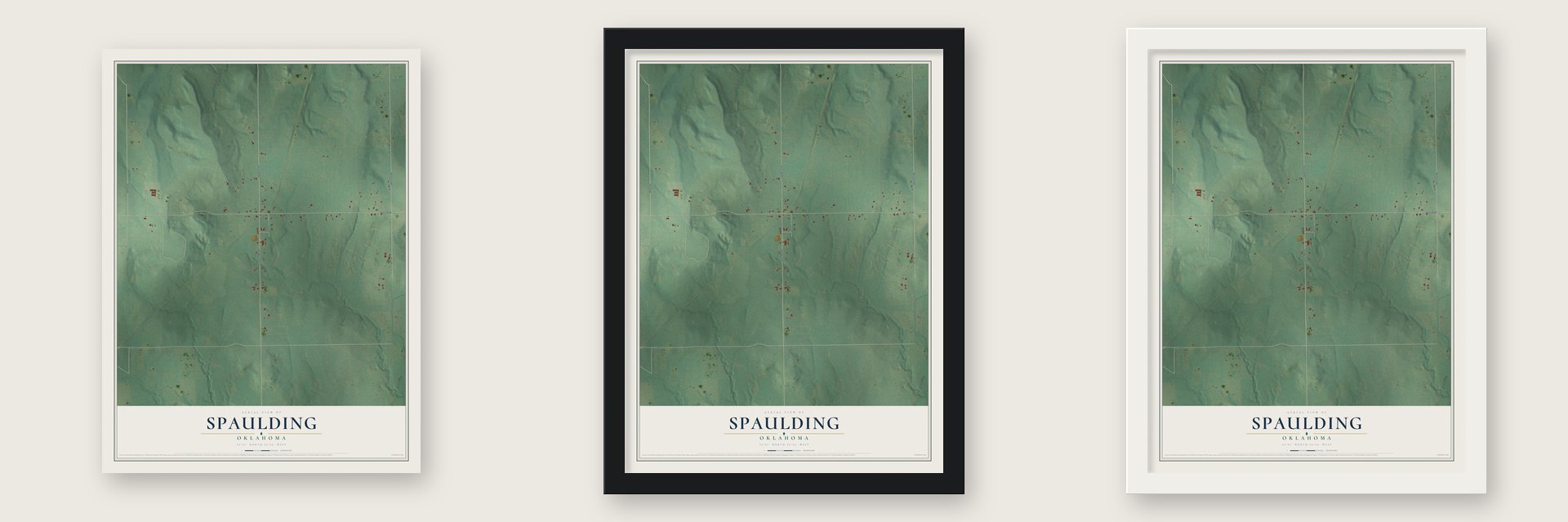Spaulding, Oklahoma map unframed, in a black wood frame and in a white wood frame