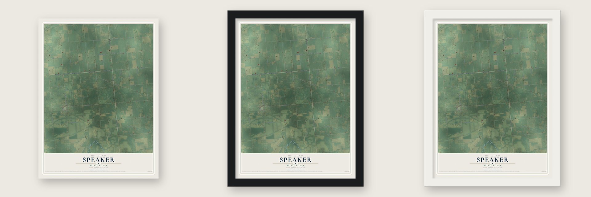 Speaker, Michigan map unframed, in a black wood frame and in a white wood frame