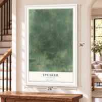 Speaker, Michigan map, 24 x 36 inch print in a white frame by a staircase