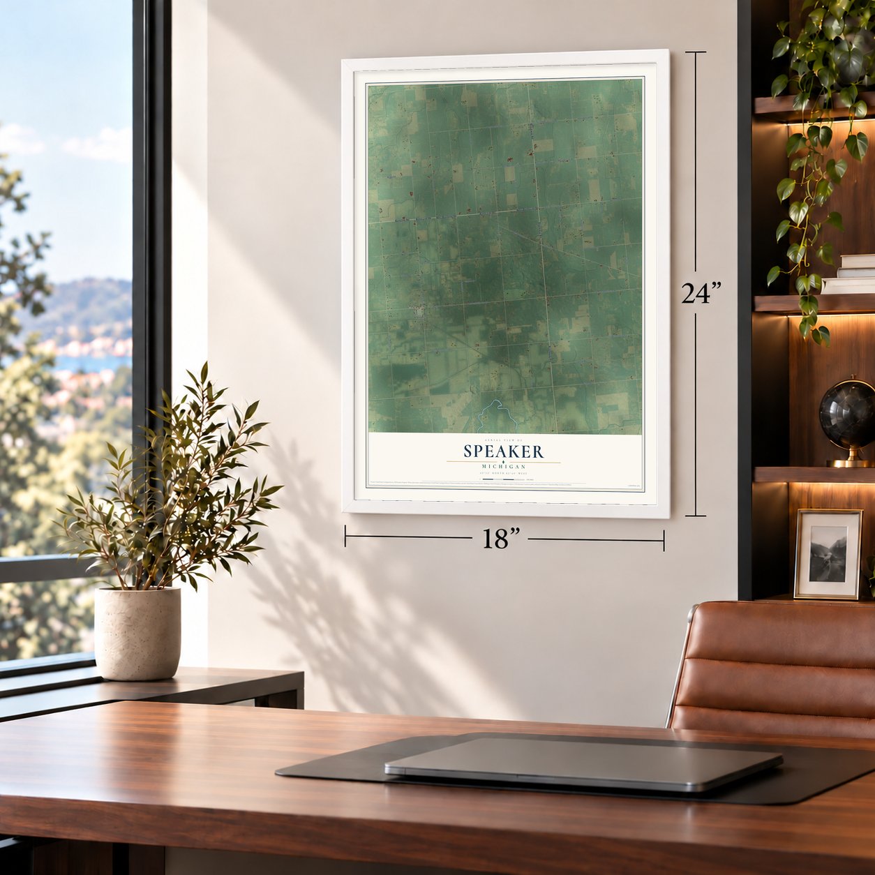 Speaker, Michigan map, 18 x 24 inch print in a white frame in a home office