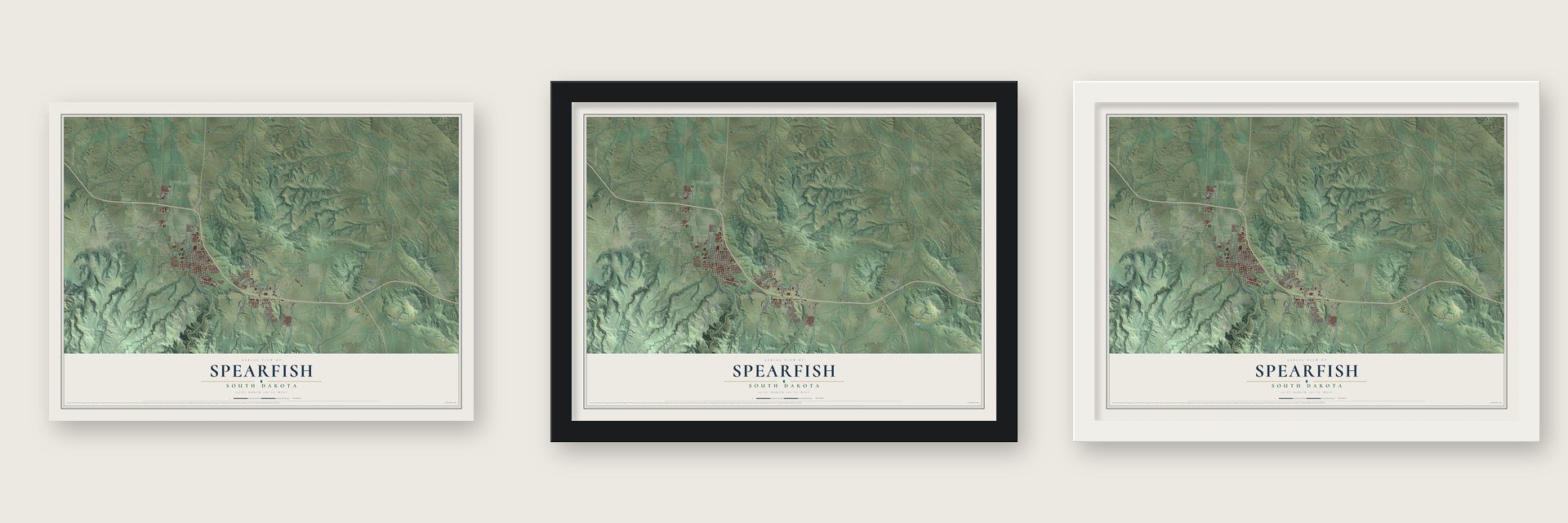 Spearfish, South Dakota map unframed, in a black wood frame and in a white wood frame