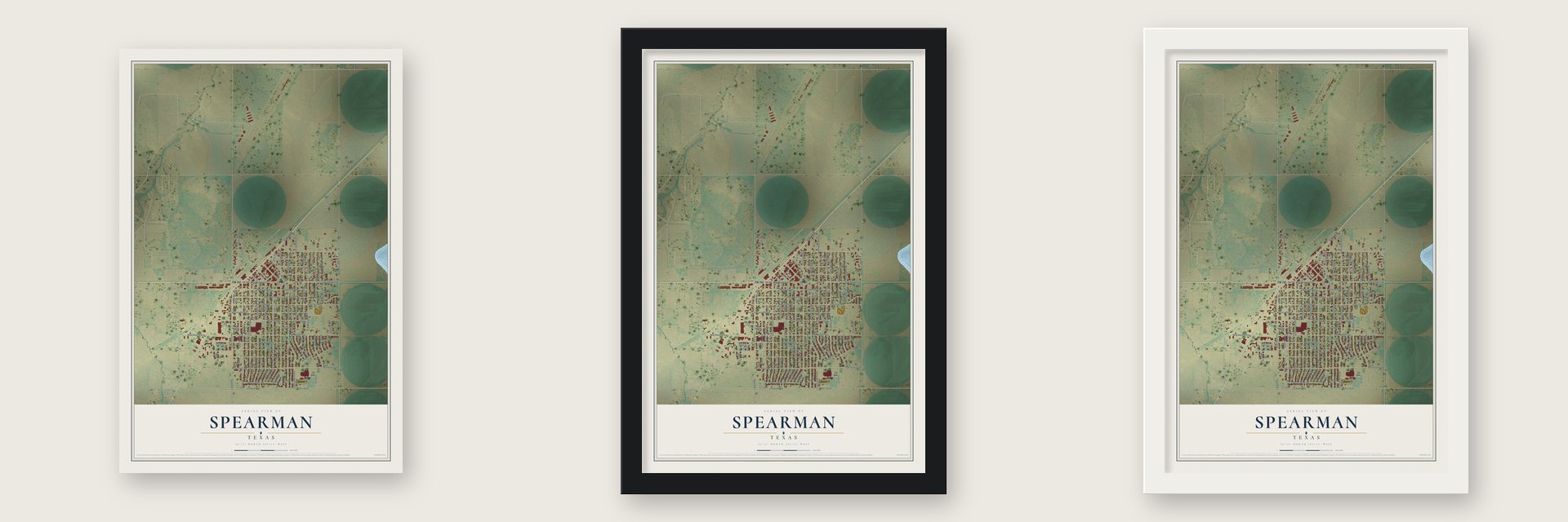 Spearman, Texas map unframed, in a black wood frame and in a white wood frame