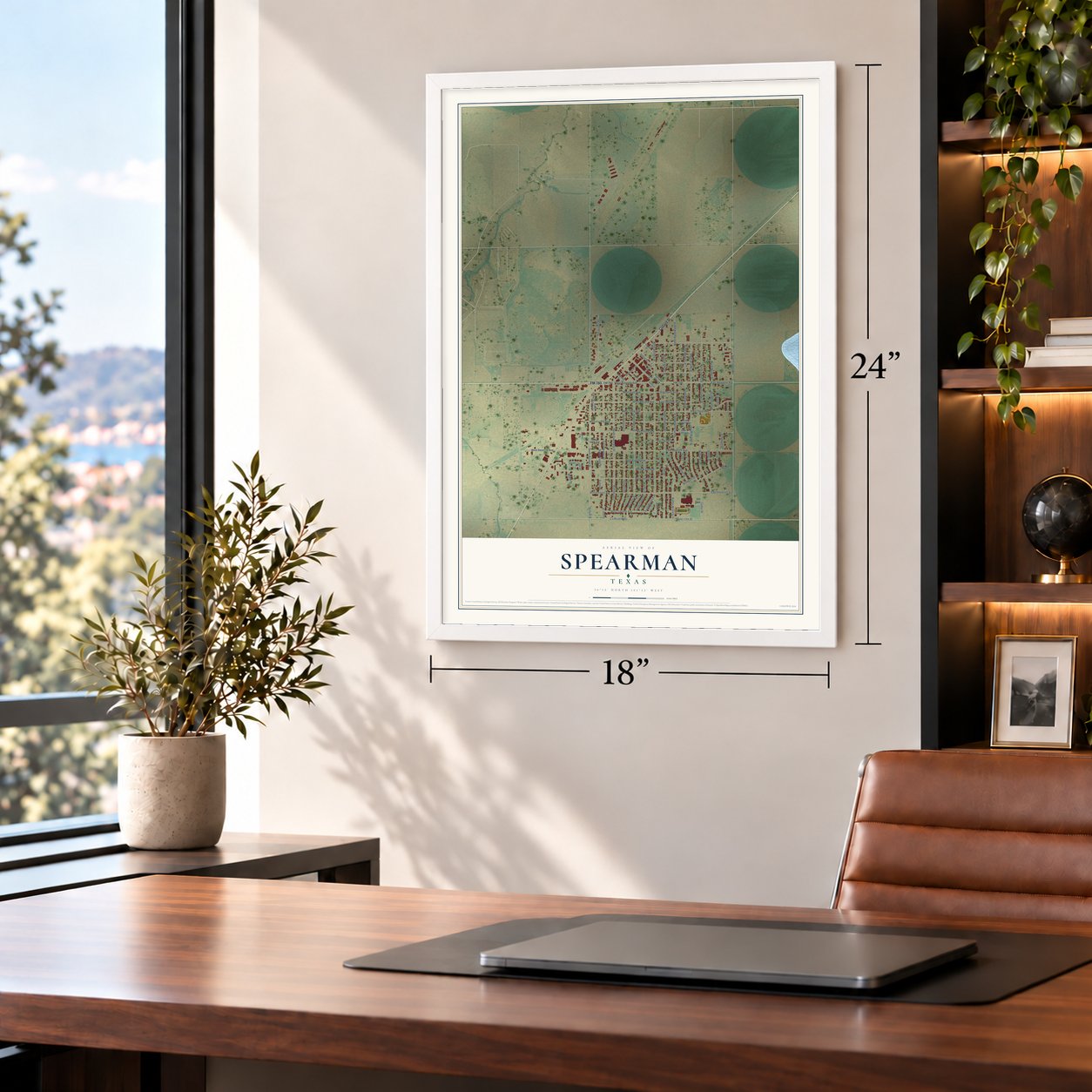 Spearman, Texas map, 18 x 24 inch print in a white frame in a home office