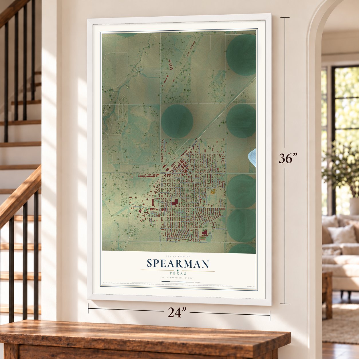 Spearman, Texas map, 24 x 36 inch print in a white frame by a staircase