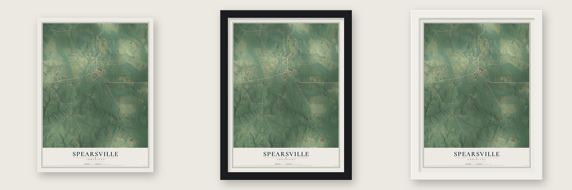 Spearsville, Louisiana map unframed, in a black wood frame and in a white wood frame
