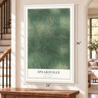 Spearsville, Louisiana map, 24 x 36 inch print in a white frame by a staircase