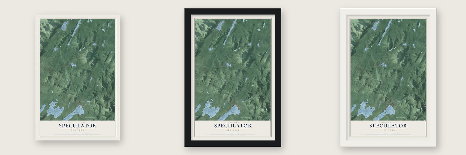 Speculator, New York map unframed, in a black wood frame and in a white wood frame