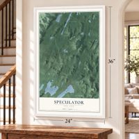 Speculator, New York map, 24 x 36 inch print in a white frame by a staircase