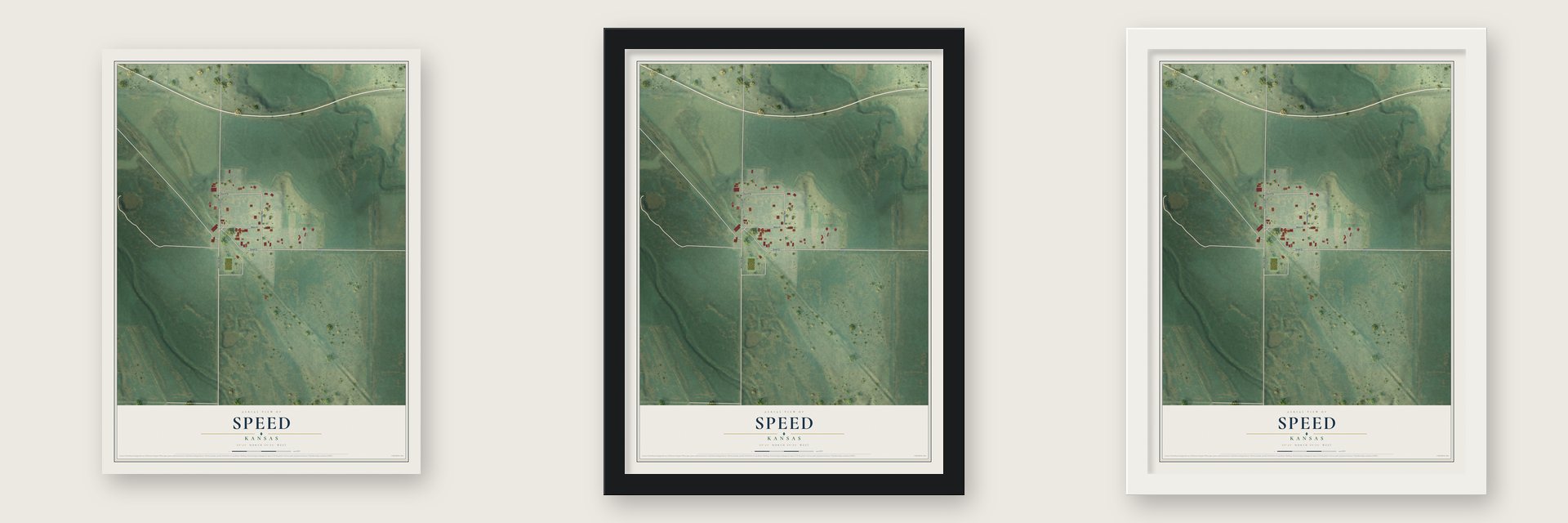 Speed, Kansas map unframed, in a black wood frame and in a white wood frame