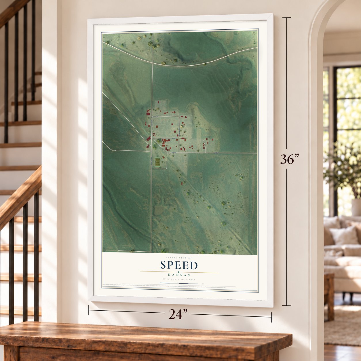 Speed, Kansas map, 24 x 36 inch print in a white frame by a staircase
