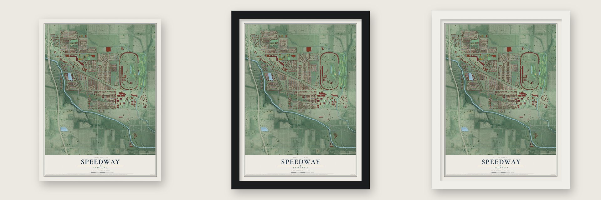 Speedway, Indiana map unframed, in a black wood frame and in a white wood frame