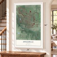 Speedway, Indiana map, 24 x 36 inch print in a white frame by a staircase