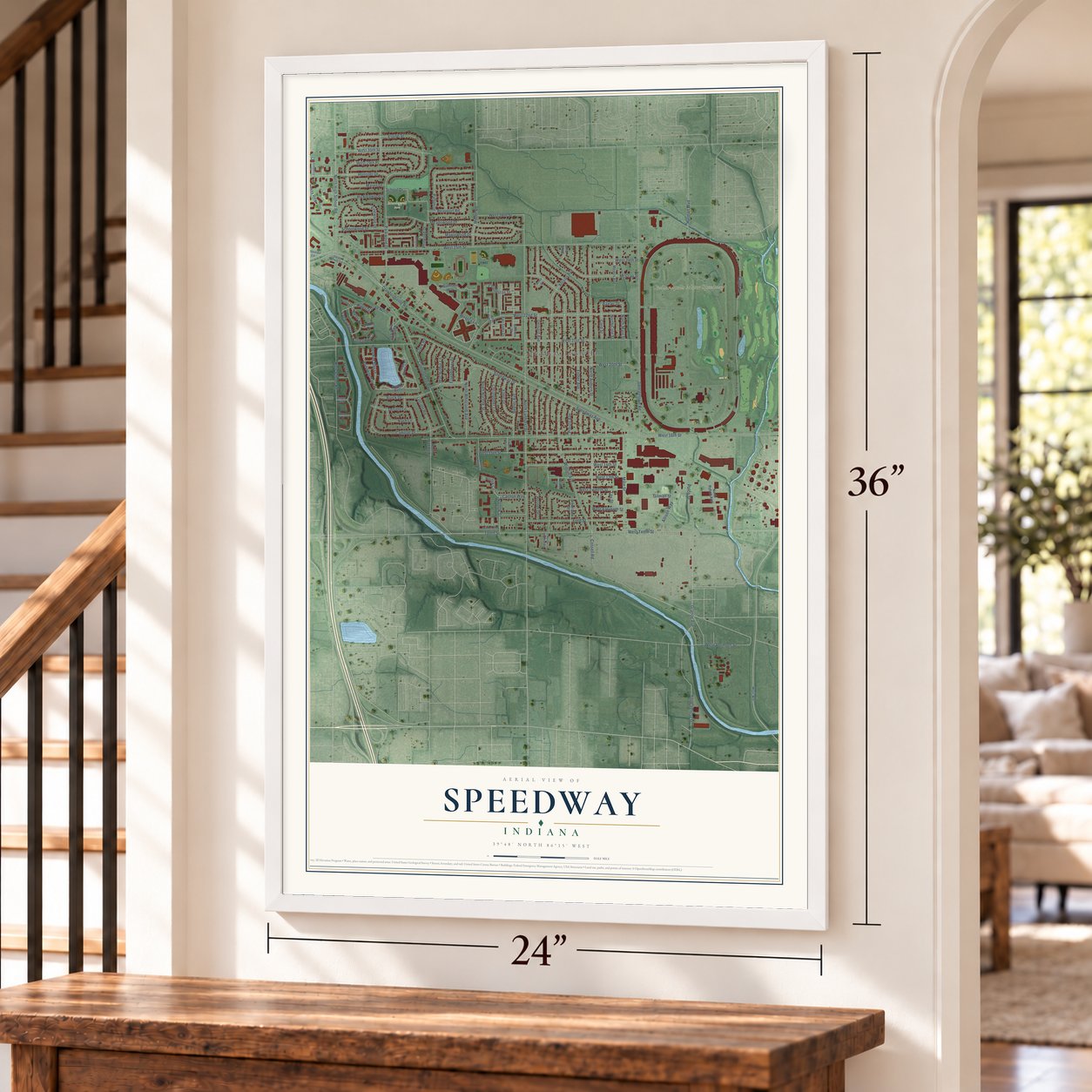 Speedway, Indiana map, 24 x 36 inch print in a white frame by a staircase