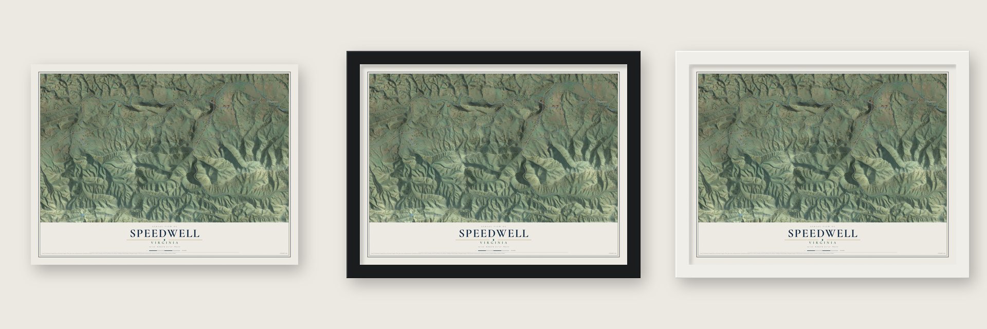 Speedwell, Virginia map unframed, in a black wood frame and in a white wood frame