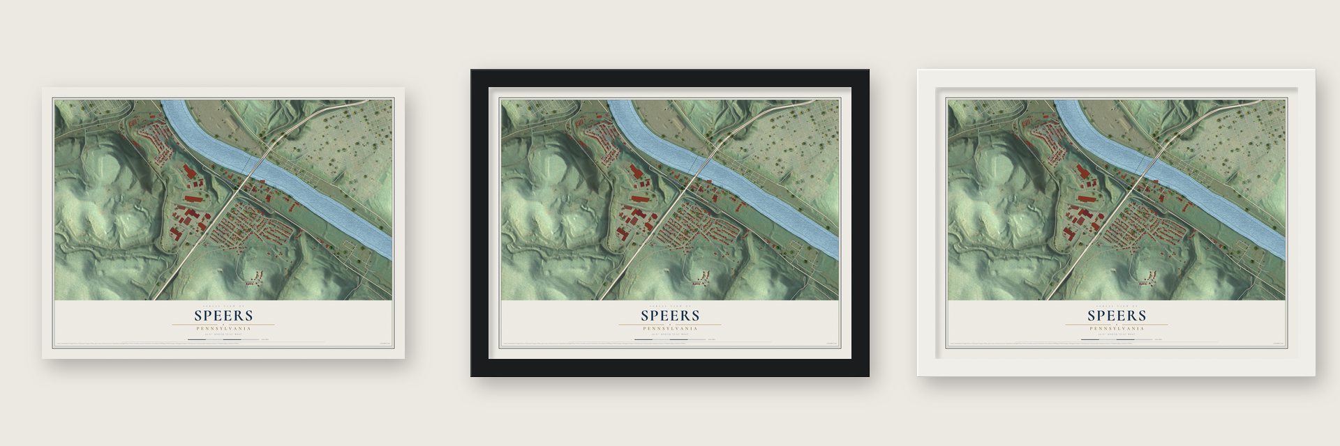Speers, Pennsylvania map unframed, in a black wood frame and in a white wood frame