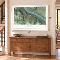 Speers, Pennsylvania map, 24 x 36 inch print in a white frame above a dresser by a staircase