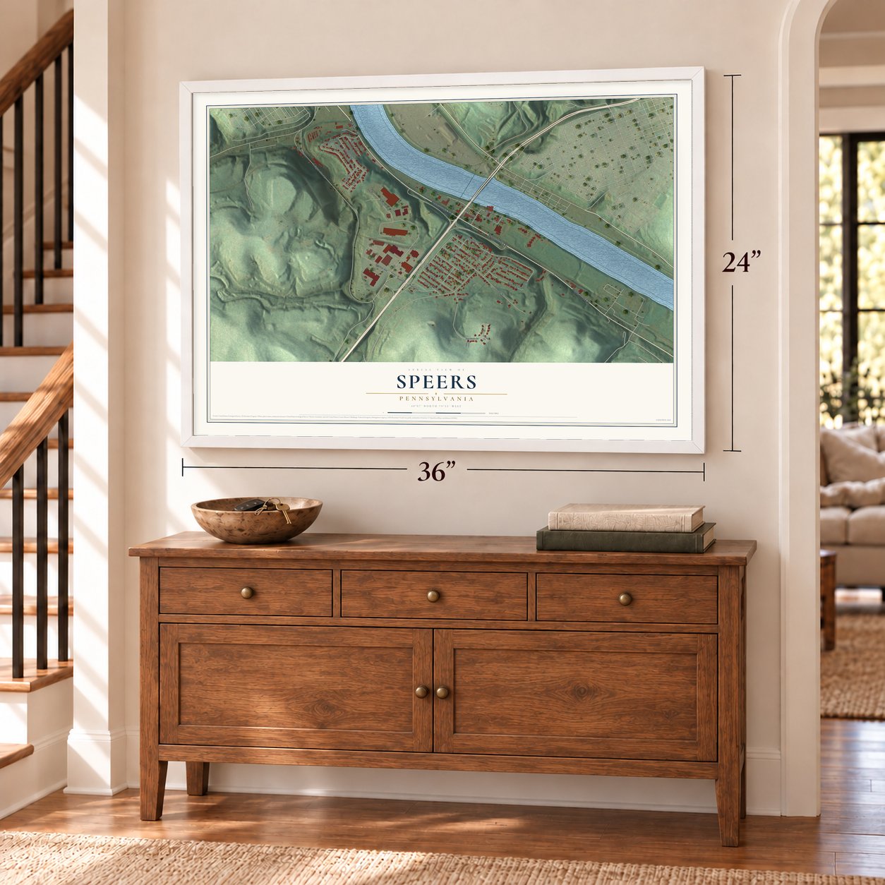 Speers, Pennsylvania map, 24 x 36 inch print in a white frame above a dresser by a staircase