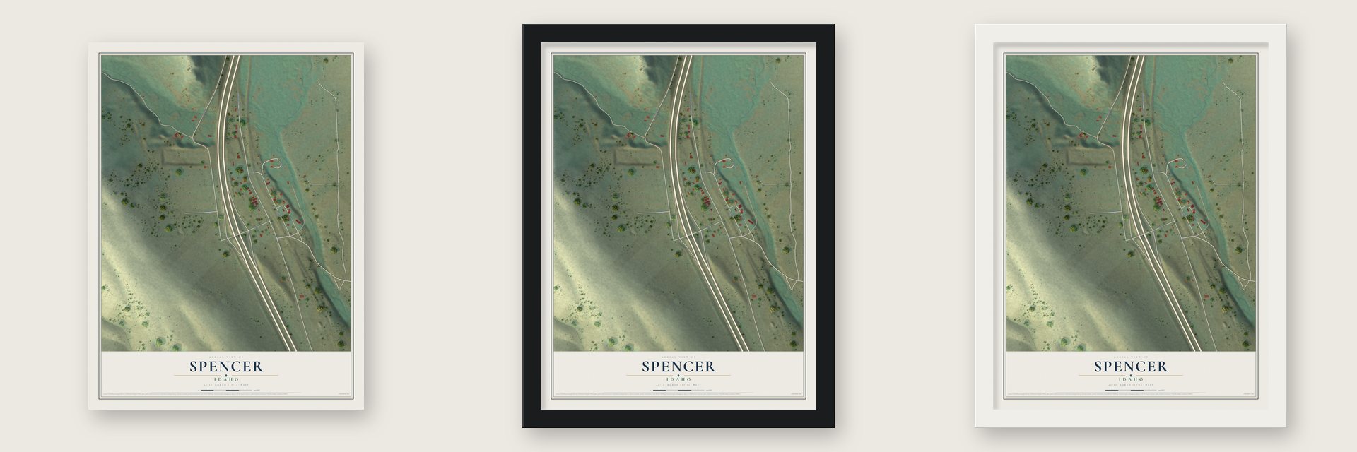 Spencer, Idaho map unframed, in a black wood frame and in a white wood frame