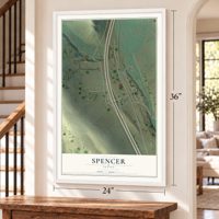 Spencer, Idaho map, 24 x 36 inch print in a white frame by a staircase