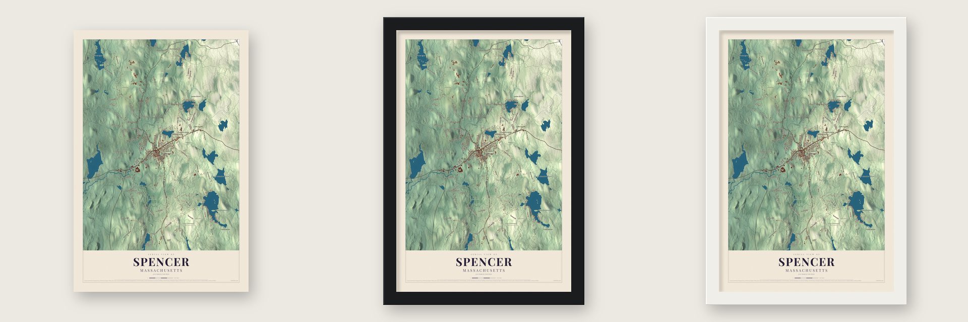 Spencer, Massachusetts map unframed, in a black wood frame and in a white wood frame