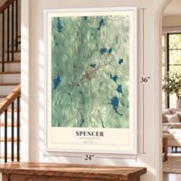 Spencer, Massachusetts map, 24 x 36 inch print in a white frame by a staircase