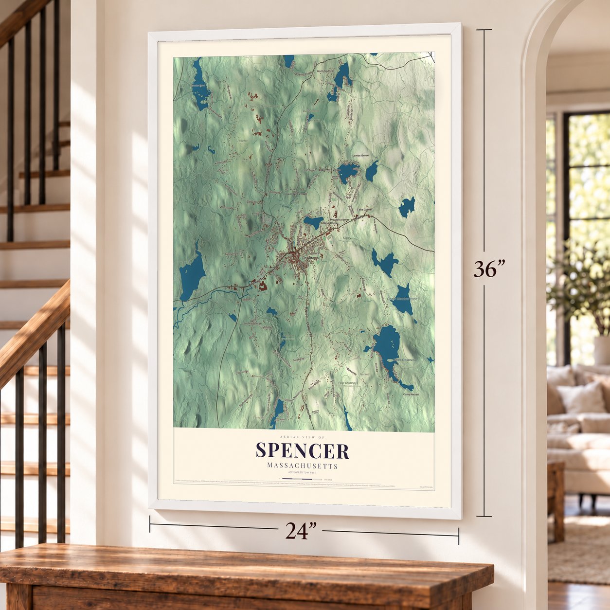 Spencer, Massachusetts map, 24 x 36 inch print in a white frame by a staircase
