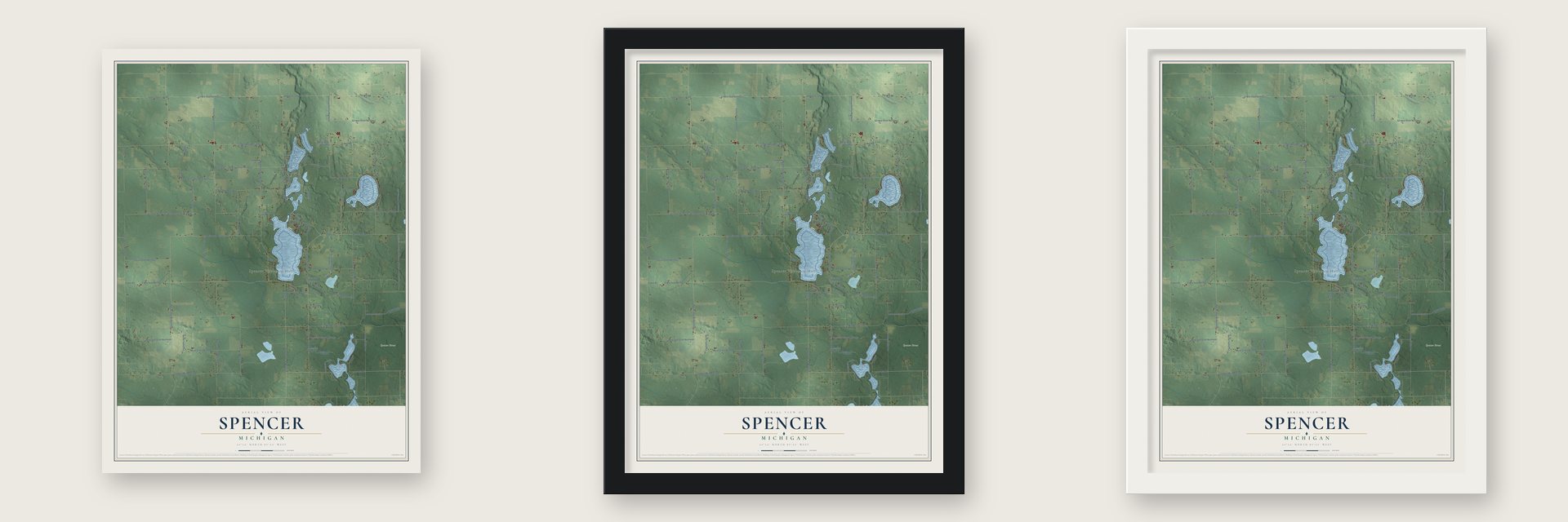 Spencer, Michigan map unframed, in a black wood frame and in a white wood frame