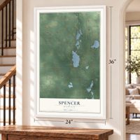 Spencer, Michigan map, 24 x 36 inch print in a white frame by a staircase