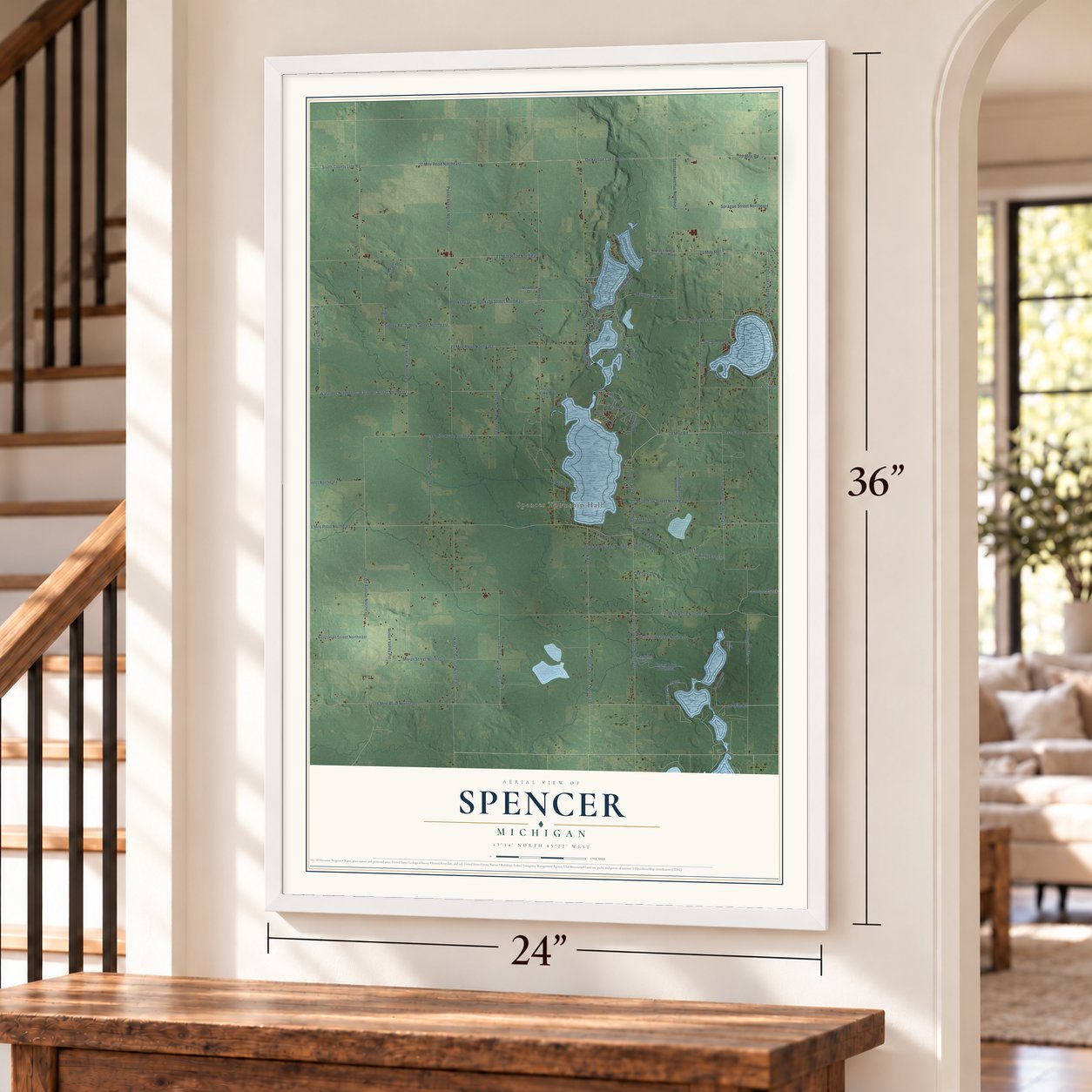 Spencer, Michigan map, 24 x 36 inch print in a white frame by a staircase