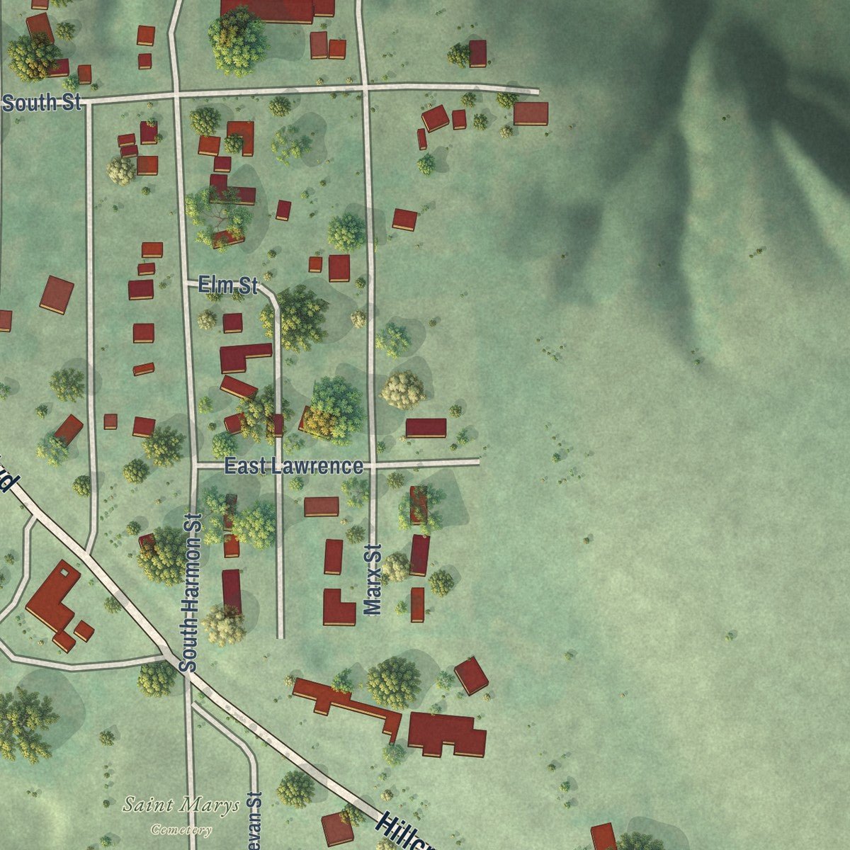 Second close-up of the map of Spencer, Nebraska print showing more streets and buildings