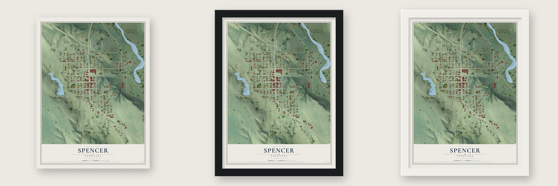 Spencer, Nebraska map unframed, in a black wood frame and in a white wood frame