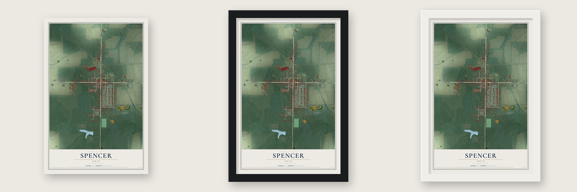 Spencer, Ohio map unframed, in a black wood frame and in a white wood frame
