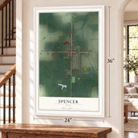 Spencer, Ohio map, 24 x 36 inch print in a white frame by a staircase