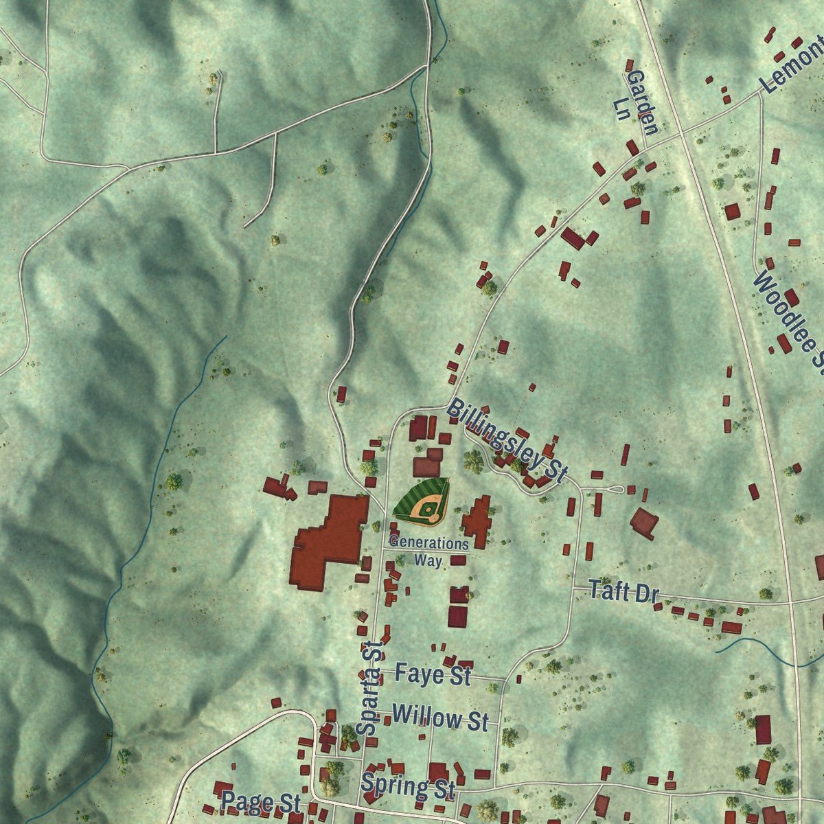 Second close-up of the map of Spencer, Tennessee print showing more streets and buildings
