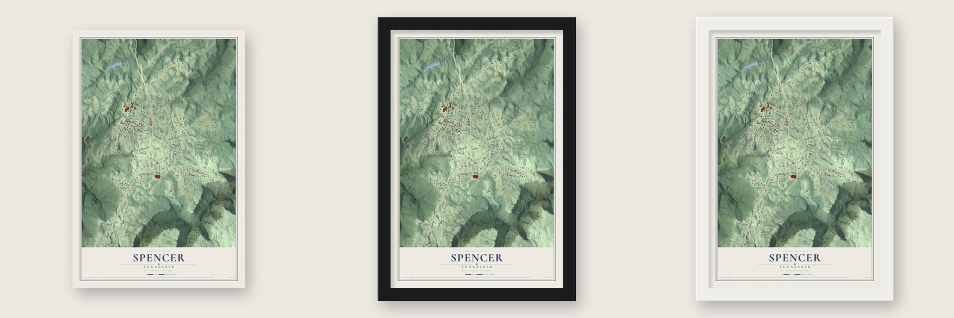 Spencer, Tennessee map unframed, in a black wood frame and in a white wood frame