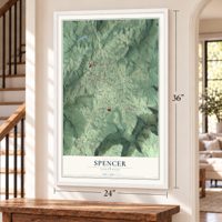 Spencer, Tennessee map, 24 x 36 inch print in a white frame by a staircase